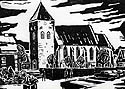 Die St.-Magnus-Kirche von der Sdseite, Vitusstrae, Holzschnitt von Albert Reinker (1926-2014)