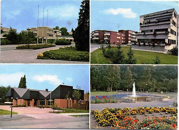 Postkarte mit vier Motiven: Hauptschule, Terrassenhaus Kolpingstraße 2, Jugendzentrum HOT, Erholungsgebiet Haus Borg
