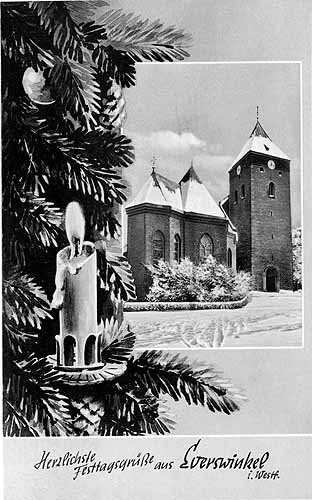 Weihnachtspostkarte mit der Ansicht der Kirche von Westen