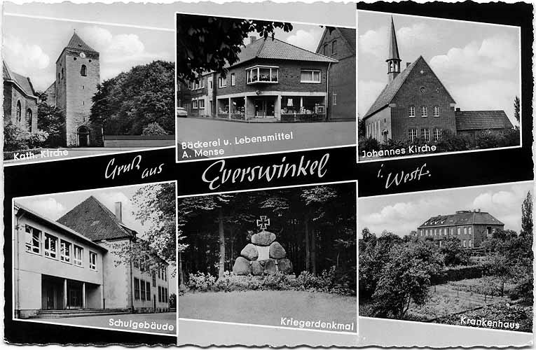Postkarte mit sechs Motiven: Kath. Kirche, Bäckerei u. Lebensmittel A. Mense, Johannes-Kirche, Schule, Kriegerdenkmal, Krankenhaus.