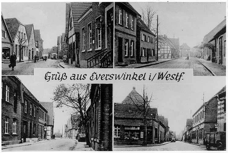 Eine Postkarte mit dem Titel Gruß aus Everswinkel i/Westf. mit  Ansichten der Vitusstraße, Hovestraße, Nordstraße und Warendorfer Straße