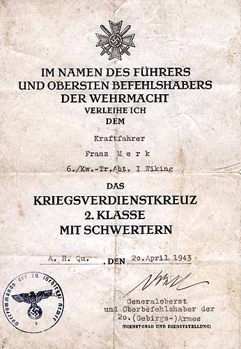 Urkunde des Verdienstordens 2. Klasse
