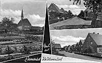 Postkarte mit drei Motiven: Horstsiedlung, Pattkamp und Evangelische Kirche