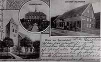 Gruß aus Everswinkel; Postkarte mit drei Motiven: Kirche, Krankenhaus und Gasthof Holtmann