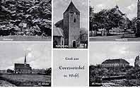Postkarte mit dem Titel Gruß aus Everswinkel in Westf. mit den Motiven: Kirche, Schule, St.-Vitus-Krankenhaus, evangelische Kirche und Krieger-Ehrenmal