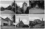 Postkarte mit sechs Motiven: Hovestraße, kath. Kirche, Ehrenmal, Volksschule, Johannes-Kircheund Krankenhaus