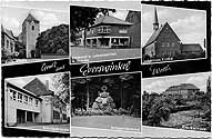 Postkarte mit sechs Motiven: Kath. Kirche, Bäckerei u. Lebensmittel A. Mense, Johannes-Kirche, Schule, Kriegerdenkmal, Krankenhaus.