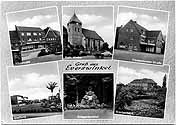Postkarte mit sechs Motiven: Vitusstraße, Kath. Kirche, Freckenhorster Straße, Siedlung, Kriegerdenkmal und Krankenhaus.