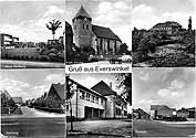 Postkarte mit sechs Motiven: Neue Siedlung, Kath. Kirche, Krankenhaus, Siedlung, Schule und Hovestraße