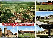 Postkarte mit sechs Motiven: Luftbild, Pony-Hof, Schulze-Delitsch-Straße, St.-Magnus-Kirche, St.-Magnus-Kindergarten und Schule