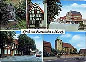 Postkarte mit dem Titel: Gruß aus Everswinkel i/Westf. und den Motiven Bischofsdenkmal, Geburtshaus des Bischofs, Postamt, Hovestraße mit dem Rathaus und St.-Magnus-Kirche