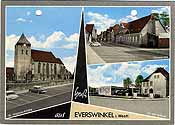 Postkarte mit dem Titel Gruß aus Everswinkel i/Westf. mit drei Motiven: St.-Magnus-Kirche, Vitusstraße und Schule mit Festhalle. Die schwarz-weiß Fotos wurden nachträglich koloriert