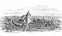Illustration der Häuserreihe rund um den Kirchplatz und die St.-Magnus-Kirche